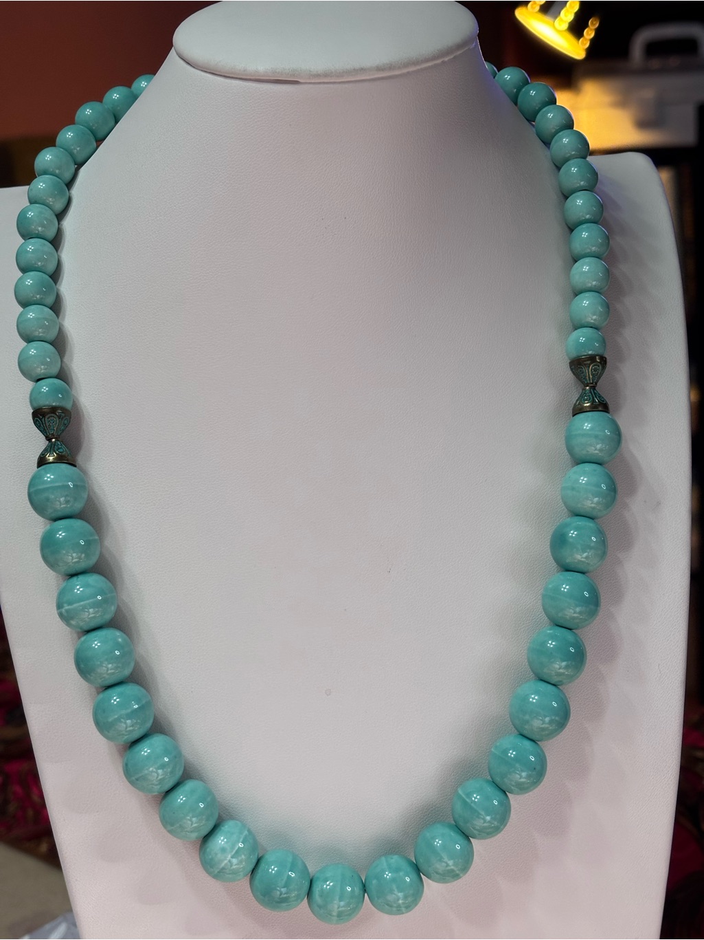 Handmade Mint Green Ceramic Beaded Necklace With Patina Brass Accents 24 Inches